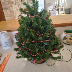 Christmas Tree, Artificial, With Base, Lights and Red Shiny Ball Garland